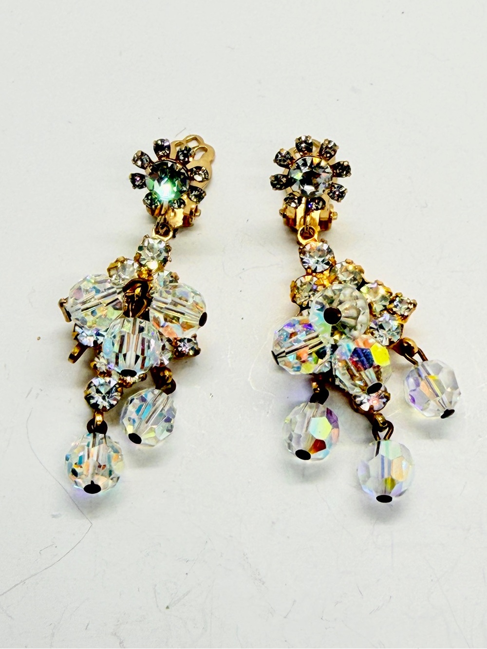Vintage 1960's D&E Juliana Clip On Earrings, AB‎ Rhinestone Chandelier, Verified